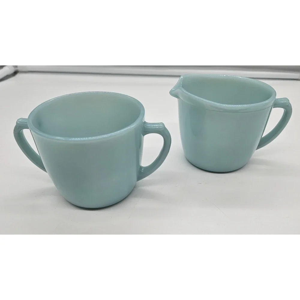 Fire-King Turquoise Blue Milk Glass Creamer and Sugar Bowl Set Vintage USA MCM